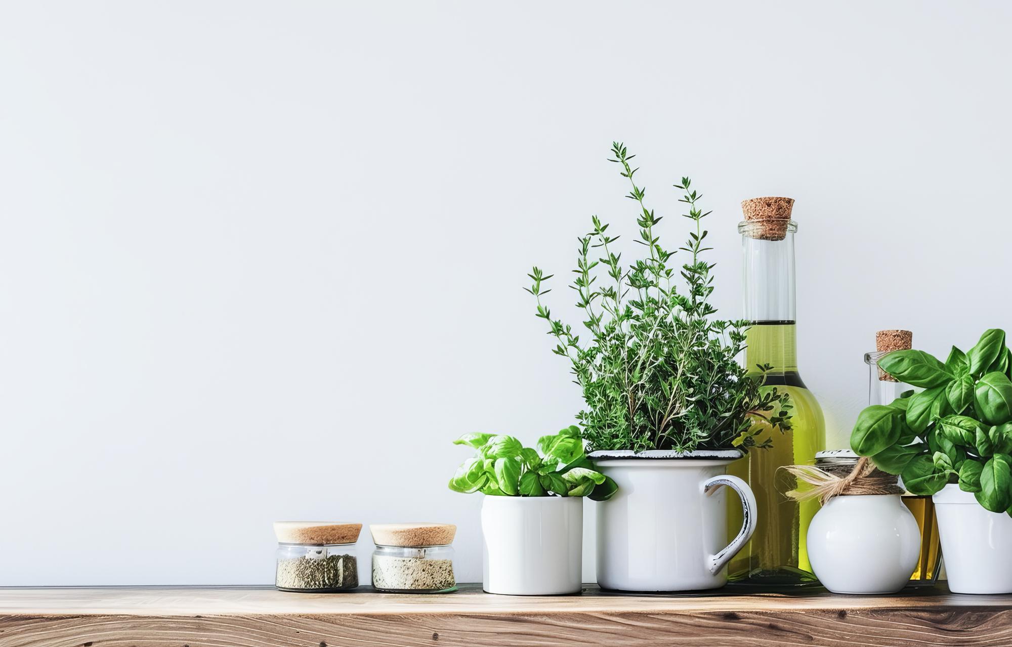Small open kitchen with wooden table and herbs
